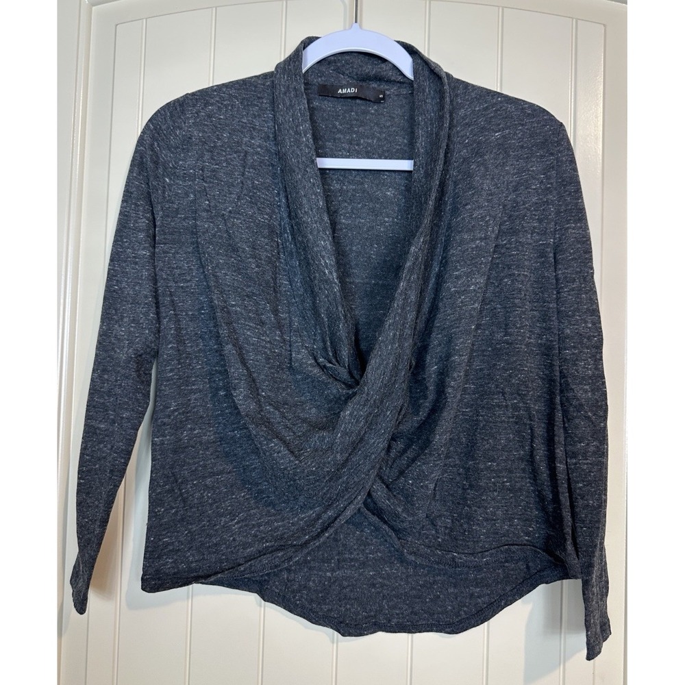 Amadi Women's Twist-Front Crop‎ gray long sleeve knit top shirt sz S Made in USA